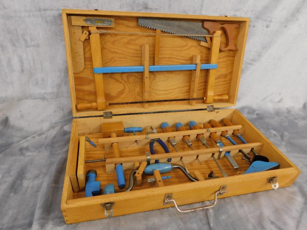 Vintage Childs Tool Set - Wood Case - Case 3.75" x 21" x 11" - 12