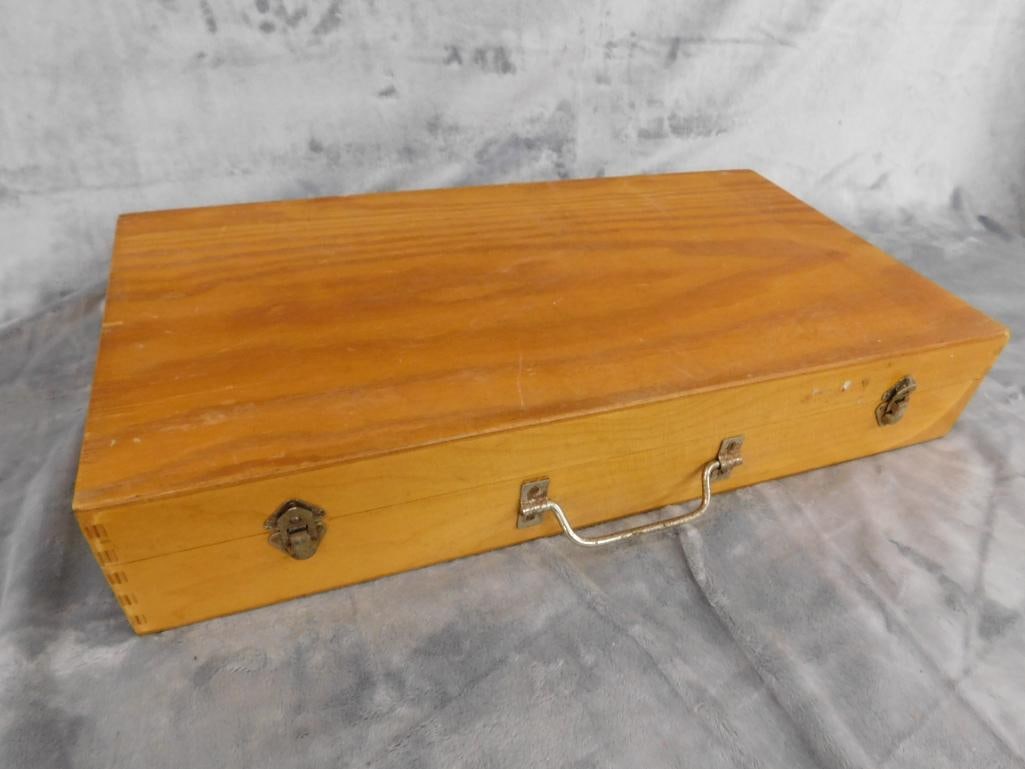 Vintage Childs Tool Set - Wood Case - Case 3.75" x 21" x 11" - 13