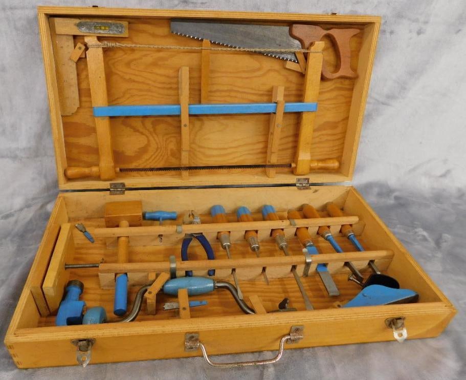 Vintage Childs Tool Set - Wood Case - Case 3.75" x 21" x 11": See Photos For Condition and Details