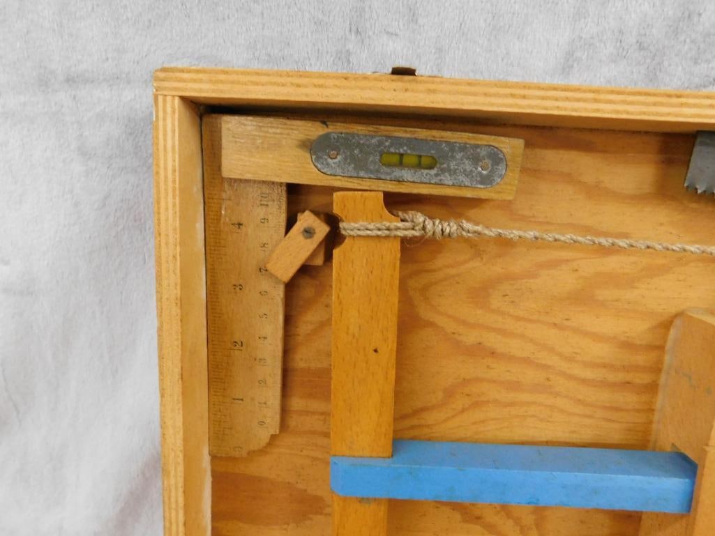 Vintage Childs Tool Set - Wood Case - Case 3.75" x 21" x 11" - 3