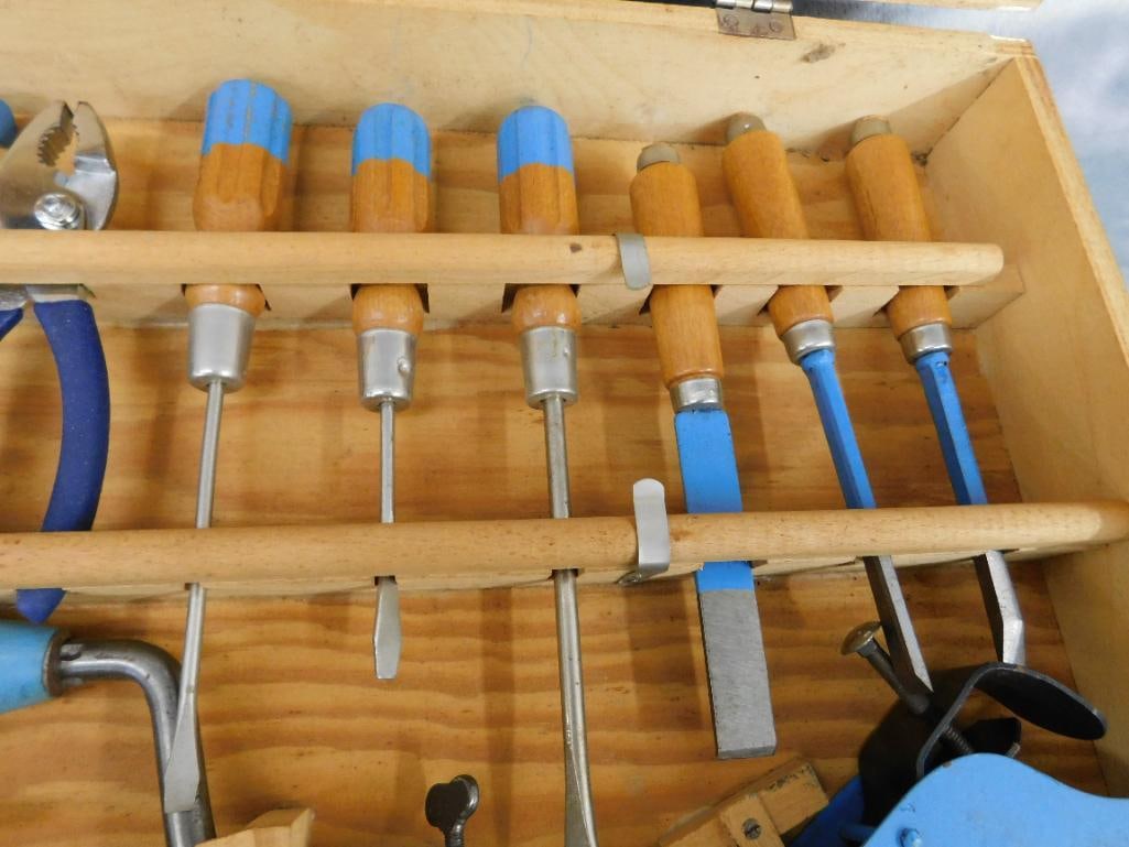 Vintage Childs Tool Set - Wood Case - Case 3.75" x 21" x 11" - 5