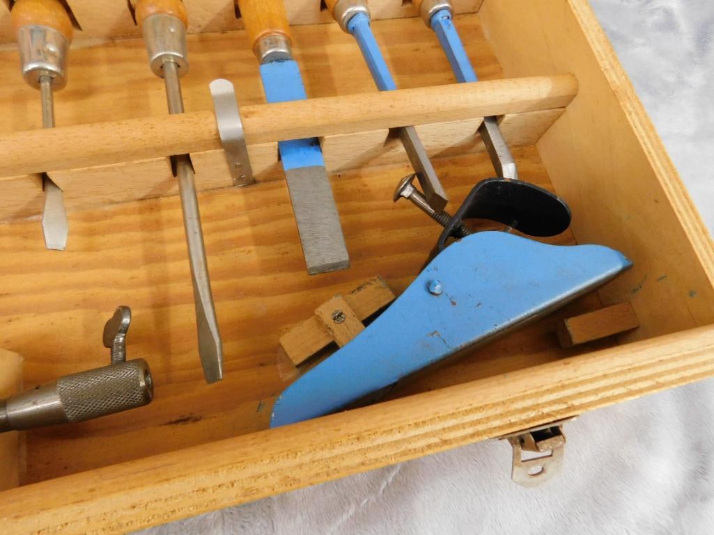Vintage Childs Tool Set - Wood Case - Case 3.75" x 21" x 11" - 6