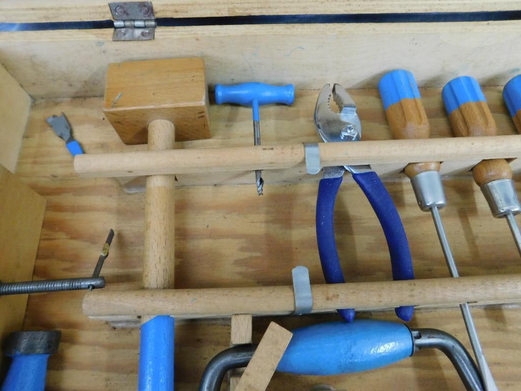 Vintage Childs Tool Set - Wood Case - Case 3.75" x 21" x 11" - 8