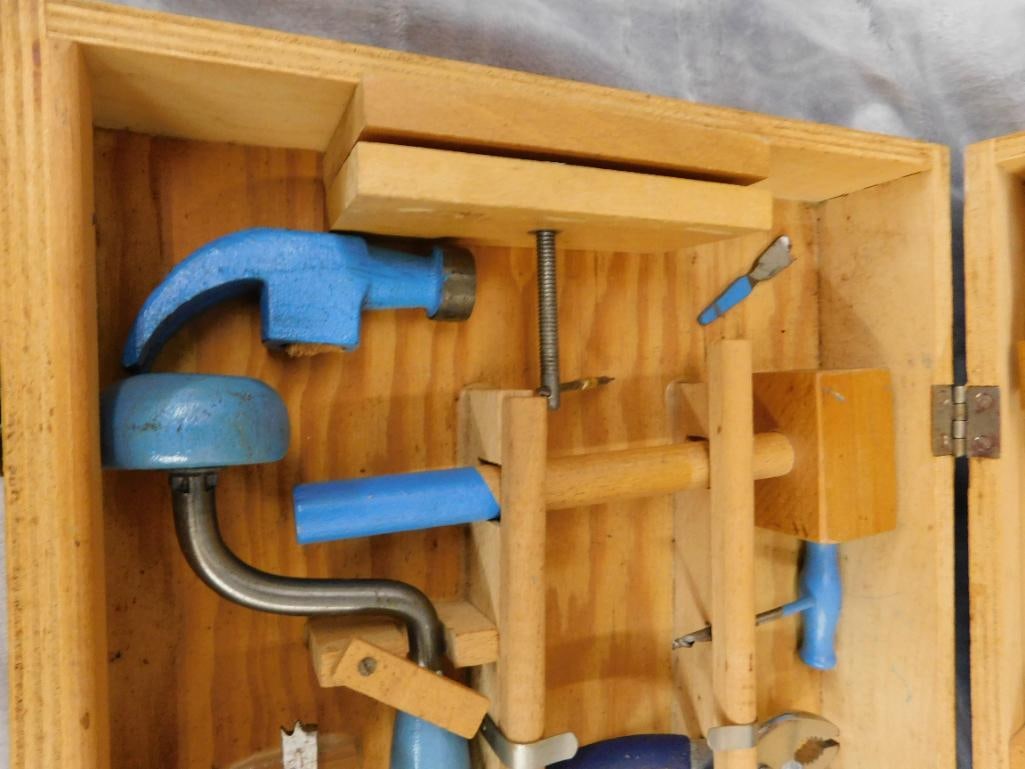 Vintage Childs Tool Set - Wood Case - Case 3.75" x 21" x 11" - 9