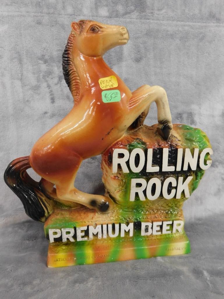 Vintage Chalkware "Rolling Rock" Countertop Beer Advertising - 11" x 10" x 2.5" - 10