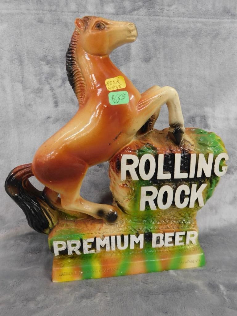 Vintage Chalkware "Rolling Rock" Countertop Beer Advertising - 11" x 10" x 2.5" - 11