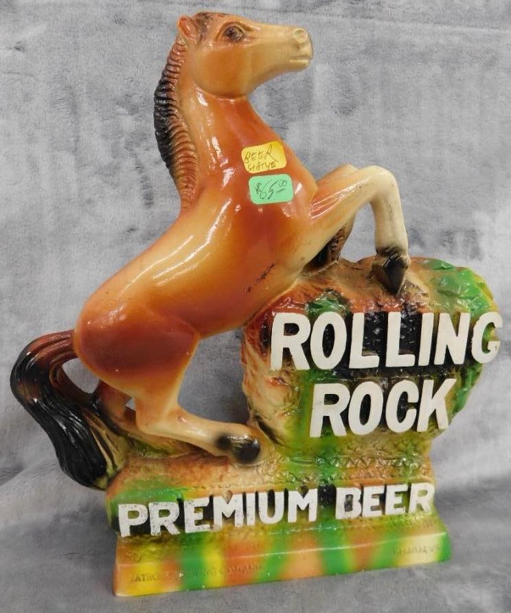 Vintage Chalkware "Rolling Rock" Countertop Beer Advertising - 11" x 10" x 2.5": See Photos For Condition and Details
