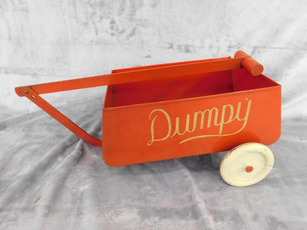 Vintage Metal "Dumpy" Pull Along Dump Trailer - 9" x 18" x 9" - 11