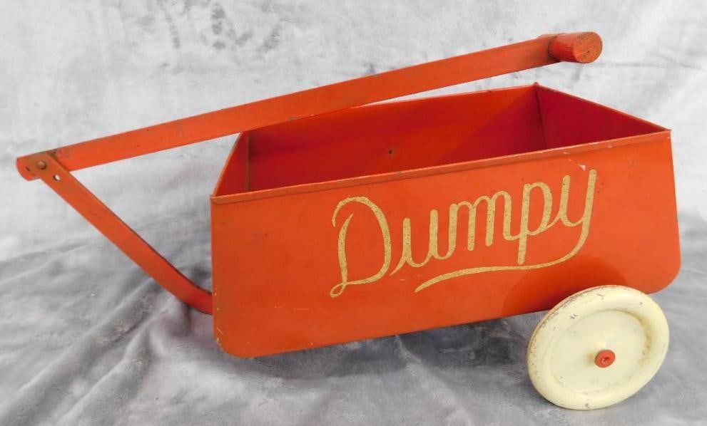Vintage Metal "Dumpy" Pull Along Dump Trailer - 9" x 18" x 9": See Photos For Condition and Details