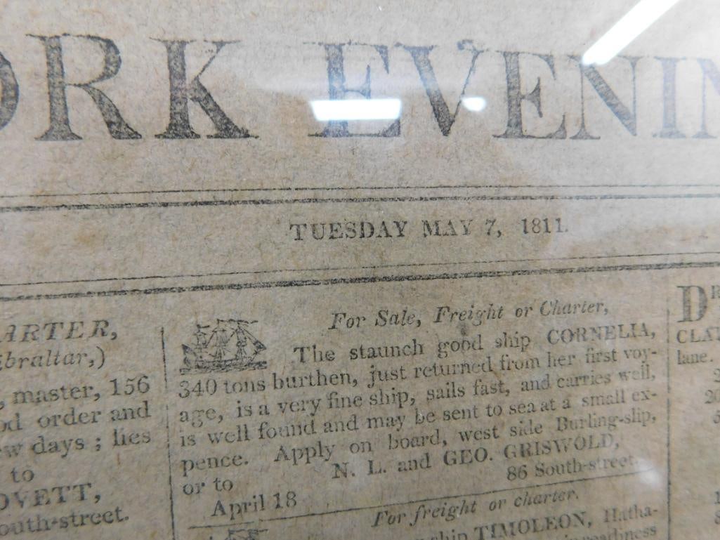 1811 Framed "New York Evening Post Classified Ads With Slave Ads - 22.5" x 18.5" - 2