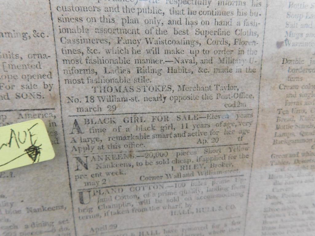 1811 Framed "New York Evening Post Classified Ads With Slave Ads - 22.5" x 18.5" - 3