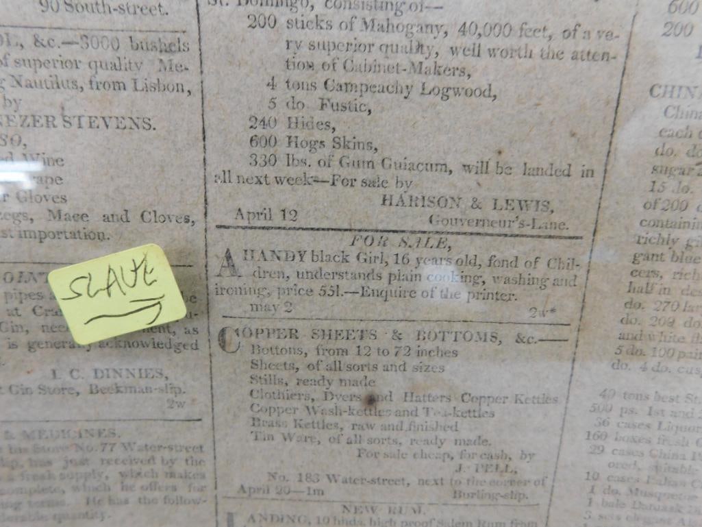 1811 Framed "New York Evening Post Classified Ads With Slave Ads - 22.5" x 18.5" - 4