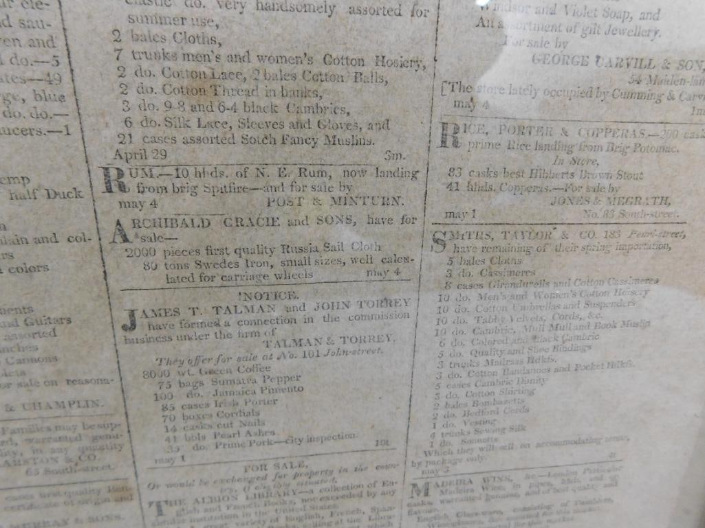 1811 Framed "New York Evening Post Classified Ads With Slave Ads - 22.5" x 18.5" - 5