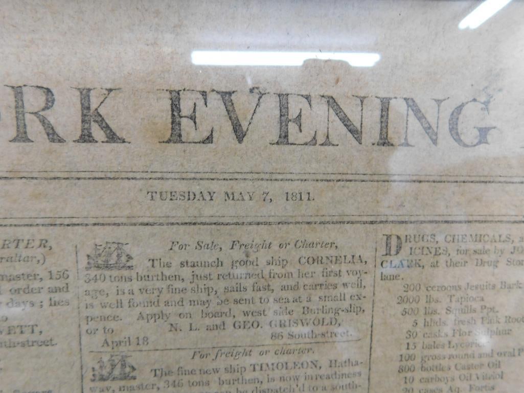 1811 Framed "New York Evening Post Classified Ads With Slave Ads - 22.5" x 18.5" - 7