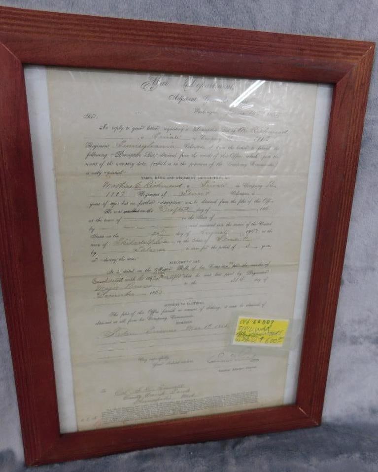 1865 Framed Civil War "War Department" Pennsylvania Volunteers Paper - 15.25" x 12": See Photos For Condition and Details
