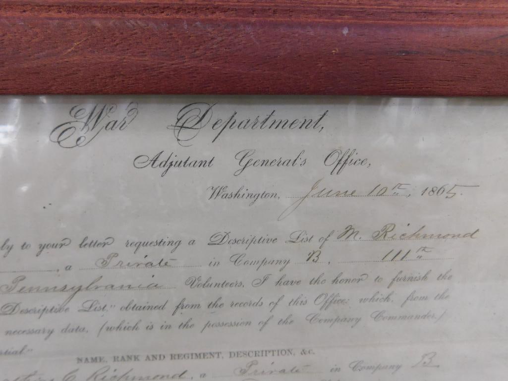 1865 Framed Civil War "War Department" Pennsylvania Volunteers Paper - 15.25" x 12" - 2