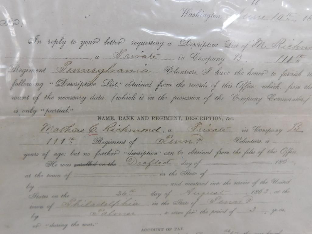 1865 Framed Civil War "War Department" Pennsylvania Volunteers Paper - 15.25" x 12" - 3