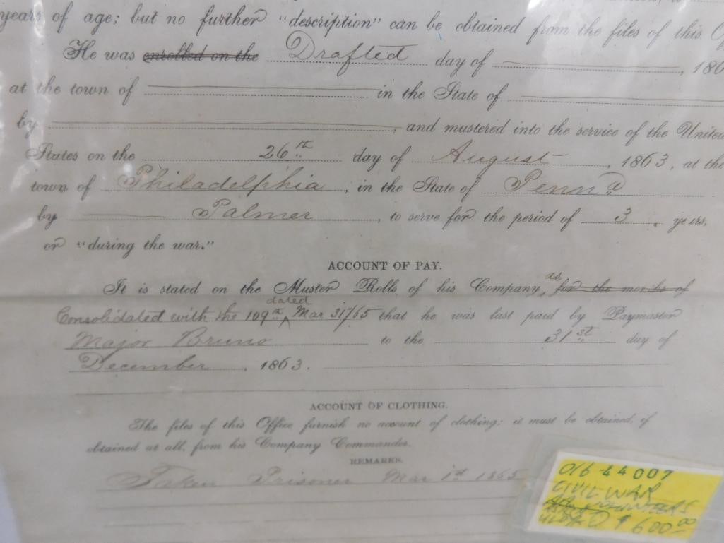 1865 Framed Civil War "War Department" Pennsylvania Volunteers Paper - 15.25" x 12" - 4