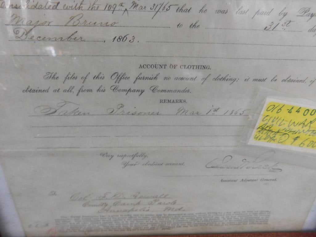 1865 Framed Civil War "War Department" Pennsylvania Volunteers Paper - 15.25" x 12" - 5