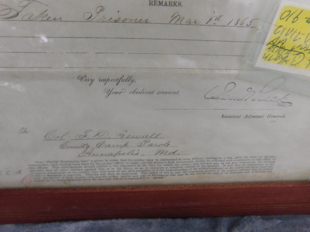 1865 Framed Civil War "War Department" Pennsylvania Volunteers Paper - 15.25" x 12" - 6
