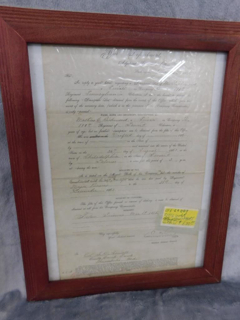 1865 Framed Civil War "War Department" Pennsylvania Volunteers Paper - 15.25" x 12" - 7