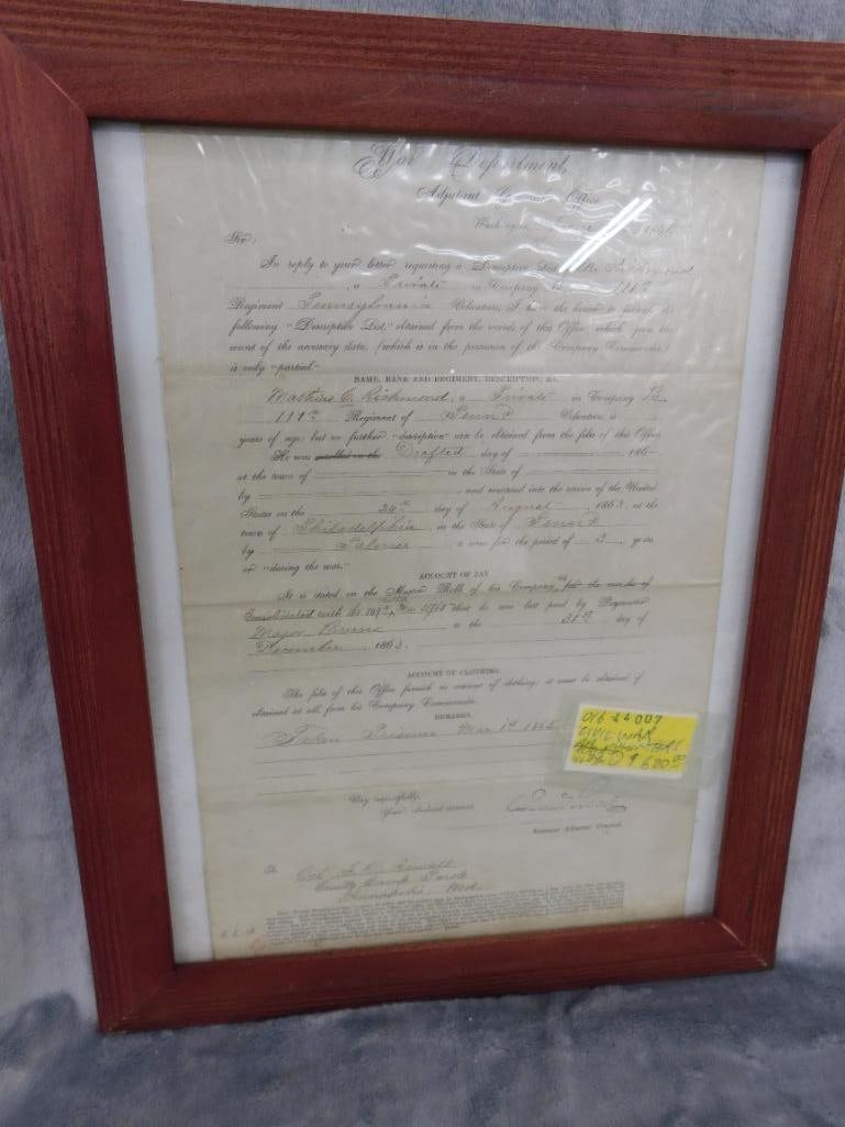 1865 Framed Civil War "War Department" Pennsylvania Volunteers Paper - 15.25" x 12" - 8