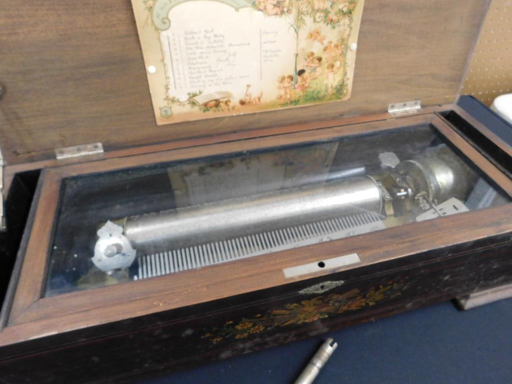 Late 1800s Swiss Crank Inlaid Music Box - Has Crank Handle - 62 Tines - Missing 1 - 13