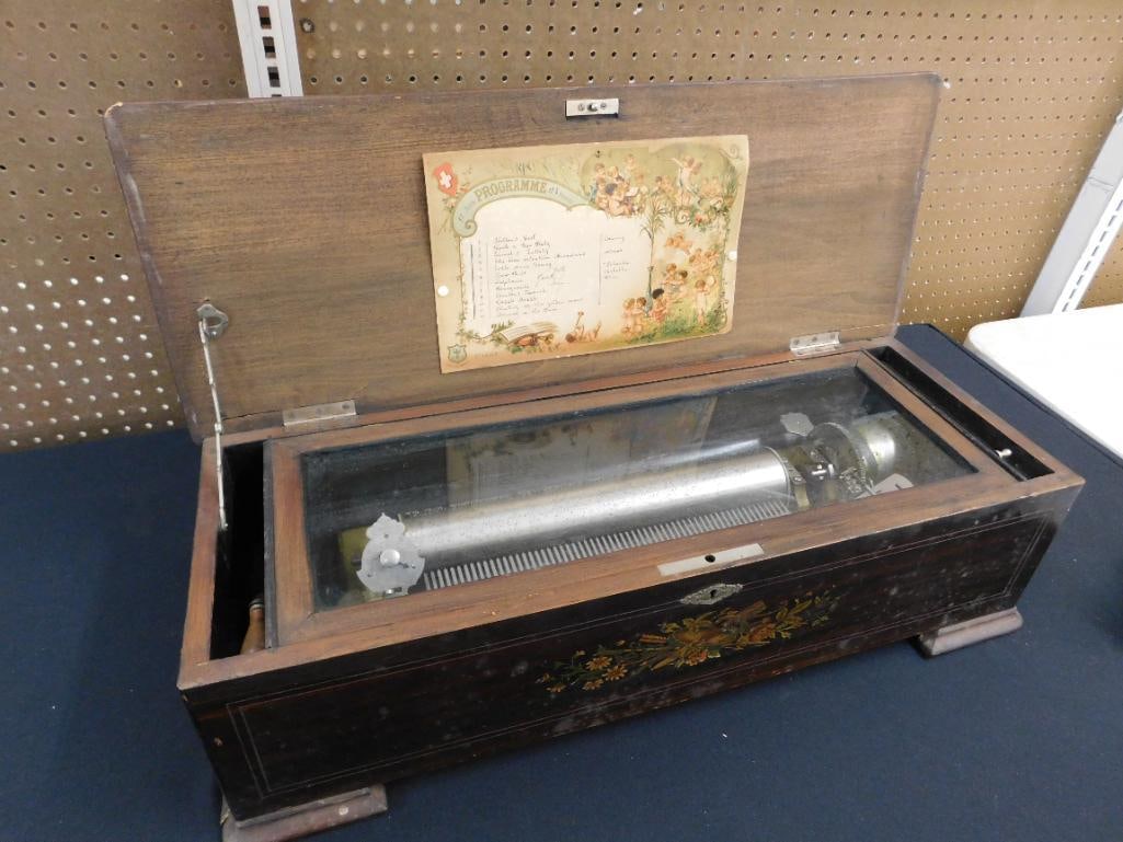 Late 1800s Swiss Crank Inlaid Music Box - Has Crank Handle - 62 Tines - Missing 1 - 15