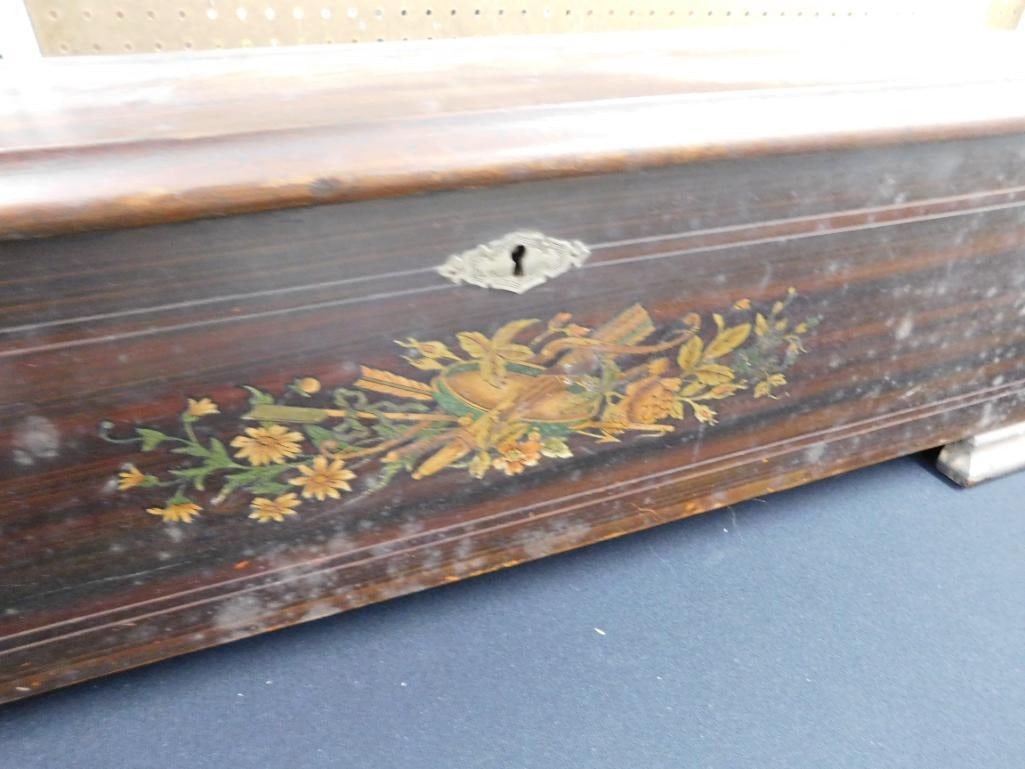 Late 1800s Swiss Crank Inlaid Music Box - Has Crank Handle - 62 Tines - Missing 1 - 16