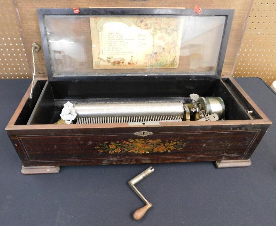 Late 1800s Swiss Crank Inlaid Music Box - Has Crank Handle - 62 Tines - Missing 1: 7.75" x 28"x 11" - Spring Broken - 1 Foot Missing - Needs TLC - See Photos For Condition and Details