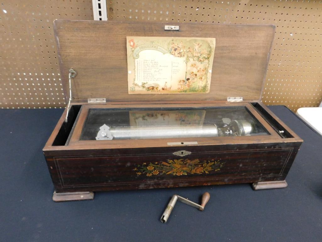 Late 1800s Swiss Crank Inlaid Music Box - Has Crank Handle - 62 Tines - Missing 1 - 20