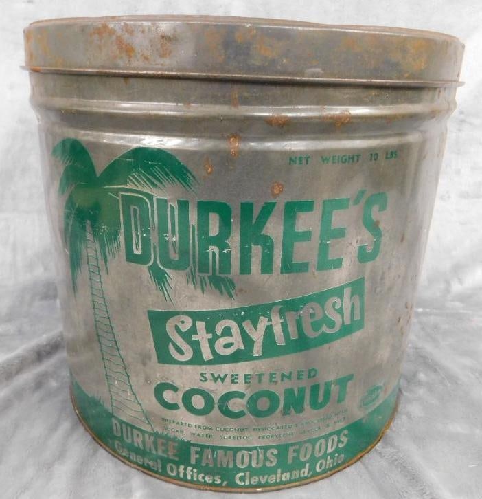 Vintage Durkees "Sweetened Coconut" Tin - 10" x 10.5": See Photos For Condition and Details