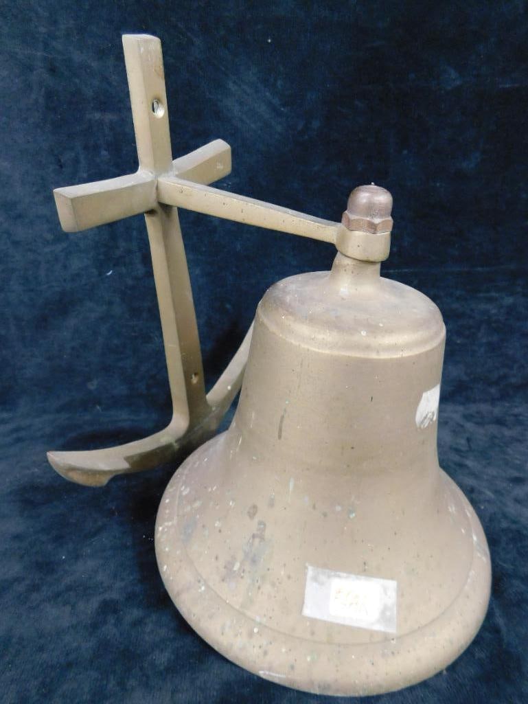 Vintage Brass Bell with Anchor Wall Mount - 9.25" x 7.5" x 7.5" - 6