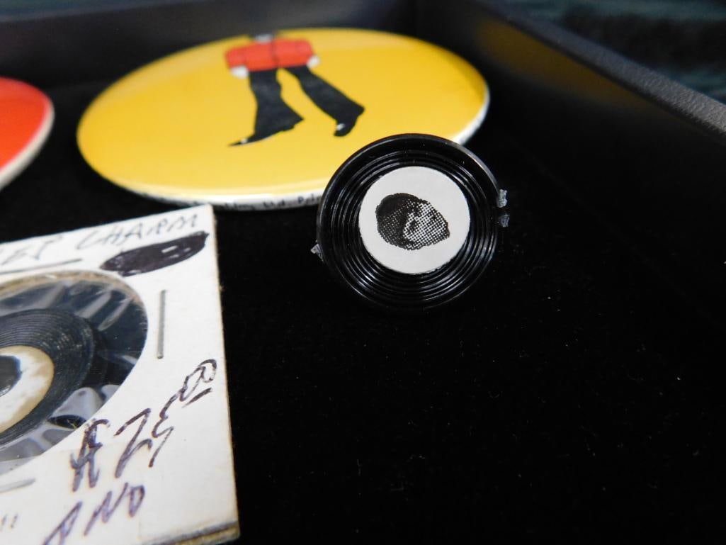 Tray Lot of Vintage "Beatles" Items - Charms - Pins - Rings - 12