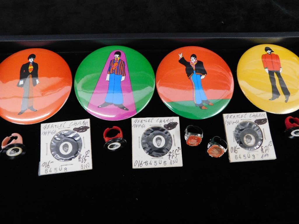 Tray Lot of Vintage "Beatles" Items - Charms - Pins - Rings - 13