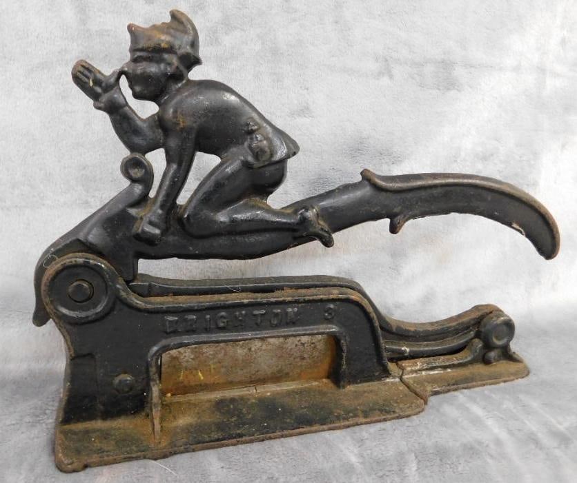 Vintage Brighton Cast Iron Figural Tobacco Cutter - 7.5" x 11" x 3": Crack on One Side of Base - See Photos For Condition and Details