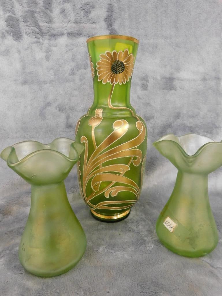 Group of 3 Vintage Iridescent Glass Vases - 8.5" and 4.25" Tall - 11