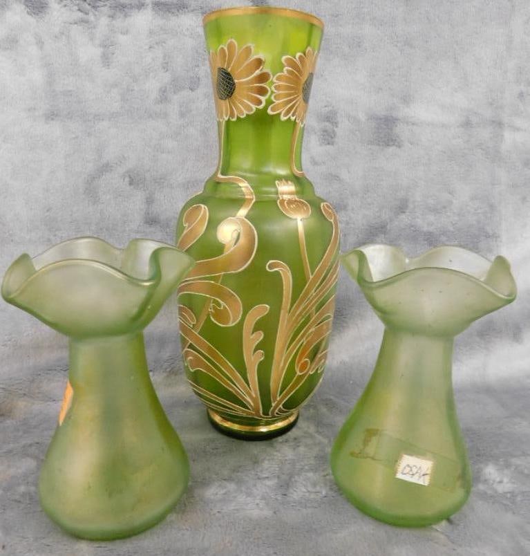 Group of 3 Vintage Iridescent Glass Vases - 8.5" and 4.25" Tall: See Photos For Condition and Details