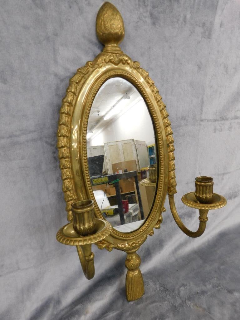 Brass Wall Hung Mirror / Candle Holder Sconce - 21.5" x 11" x 5" - 7