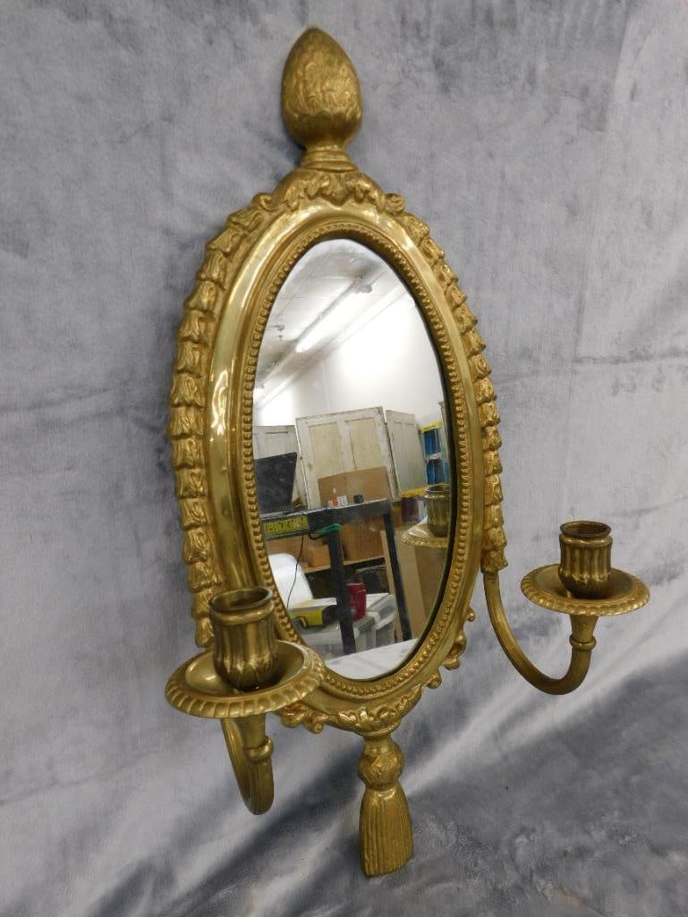 Brass Wall Hung Mirror / Candle Holder Sconce - 21.5" x 11" x 5" - 8
