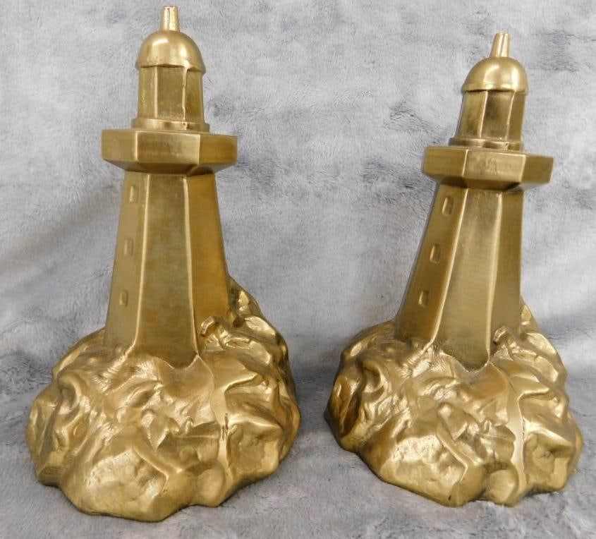 Pair of PM Craftsman Cast Metal Bookends - Lighthouses - Each 7" x 4.25" x 4": See Photos For Condition and Details