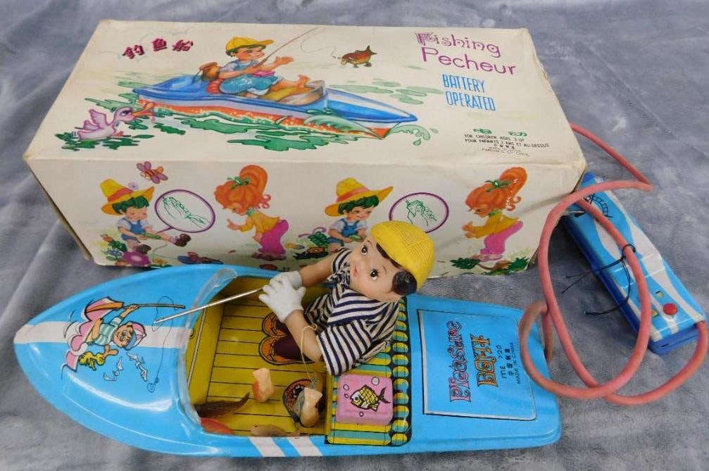 Vintage Chinese Litho Tin Battery Operated Fishing Boat Boy - 4" x 12" x 4.5": See Photos For Condition and Details