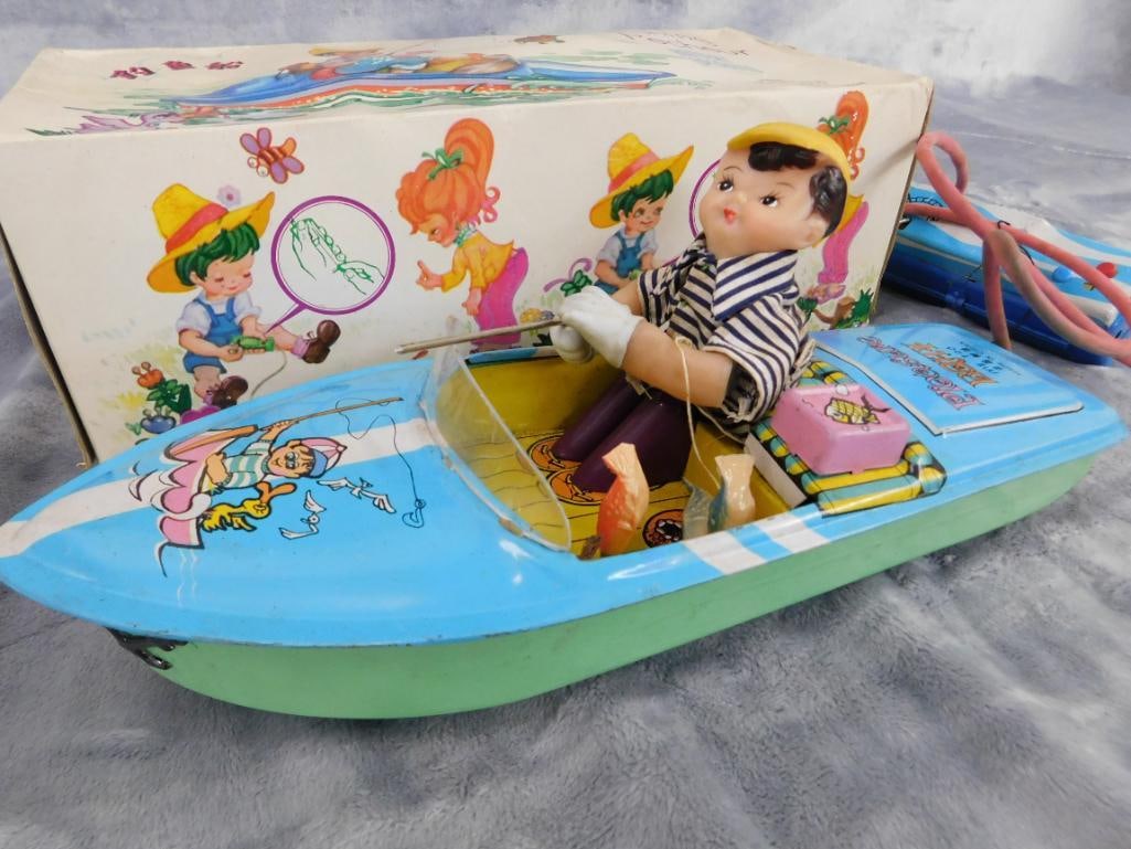 Vintage Chinese Litho Tin Battery Operated Fishing Boat Boy - 4" x 12" x 4.5" - 2