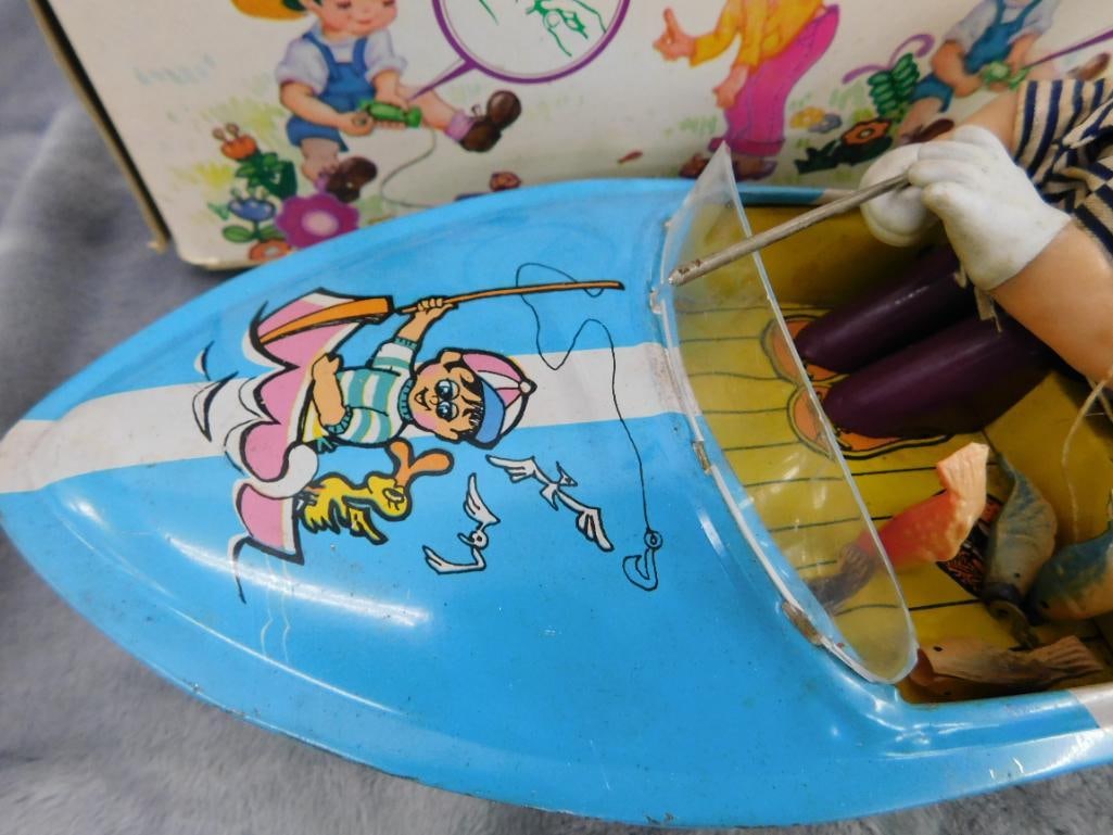 Vintage Chinese Litho Tin Battery Operated Fishing Boat Boy - 4" x 12" x 4.5" - 3