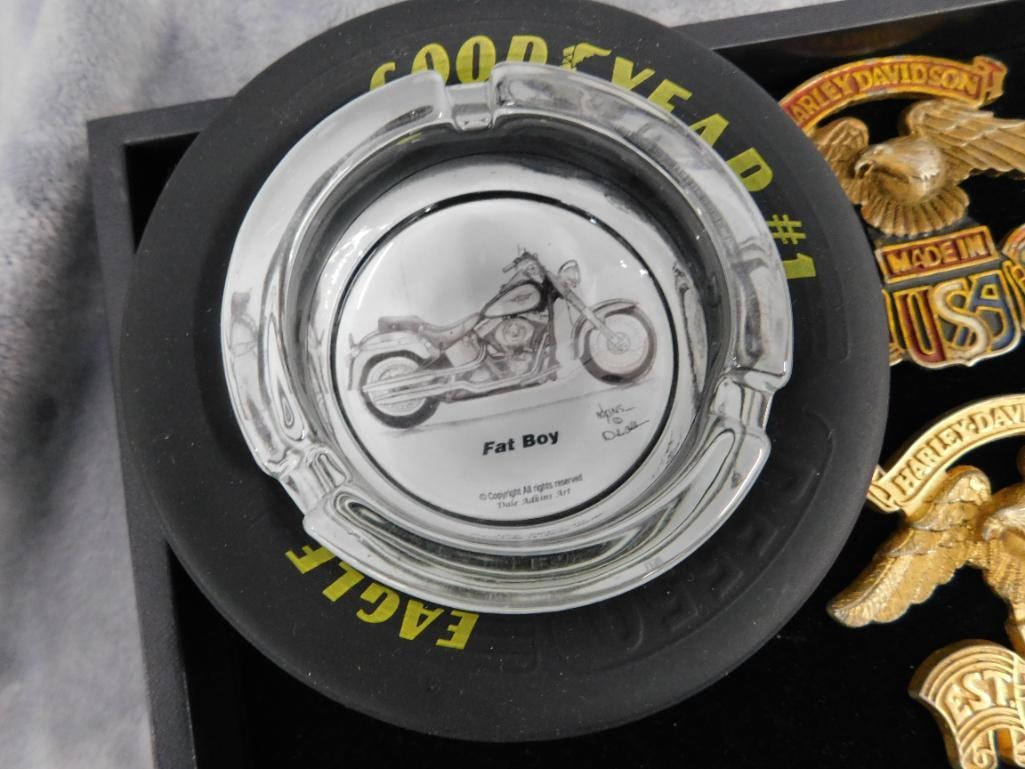 Group of Harley Davidson Items - 2 Plaques - Belt Buckle - Ashtray - Pin - 2