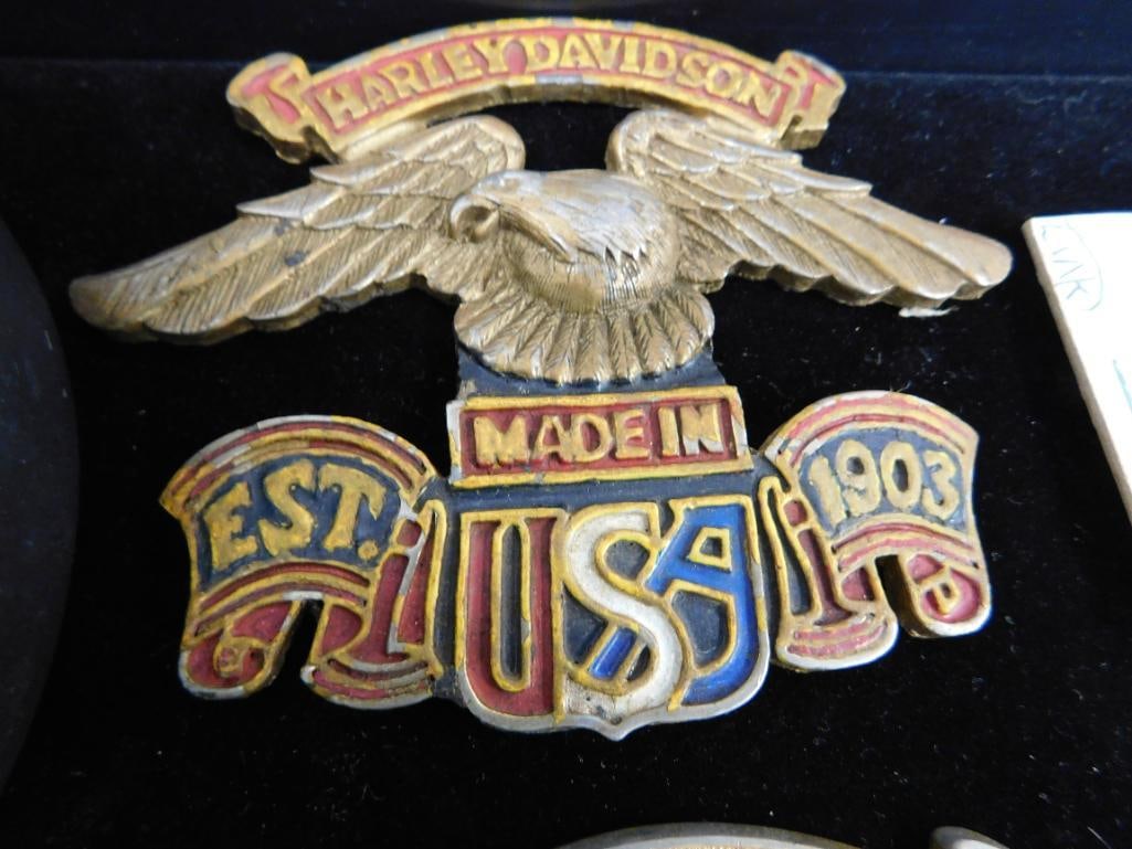 Group of Harley Davidson Items - 2 Plaques - Belt Buckle - Ashtray - Pin - 3