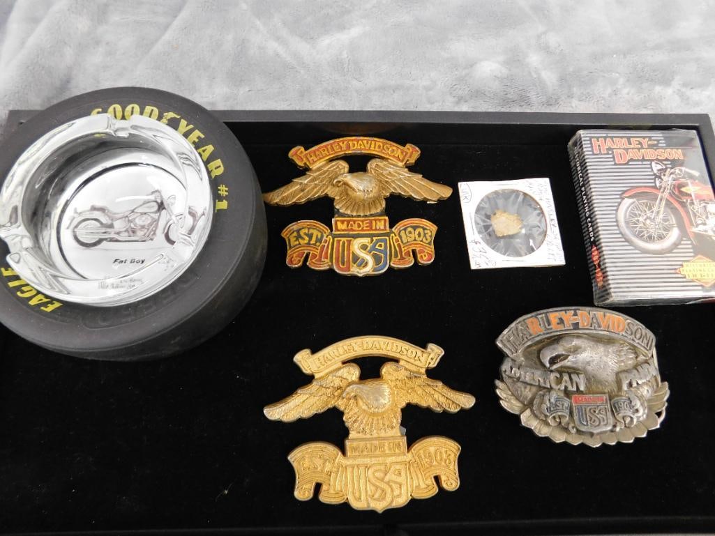 Group of Harley Davidson Items - 2 Plaques - Belt Buckle - Ashtray - Pin - 9