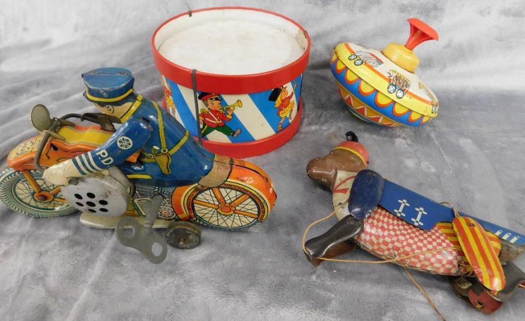 Group of 4 Litho Tin Toys - As Is - Untested - Drum - Hanging Monkey - Top (1 of 9)