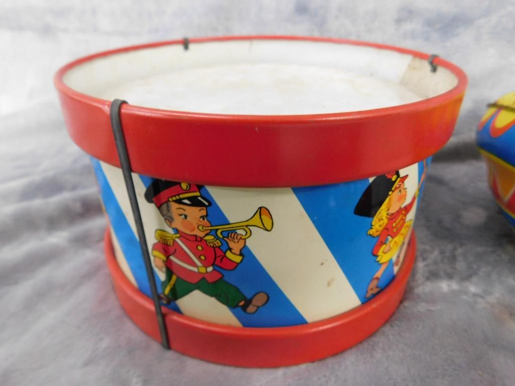 Group of 4 Litho Tin Toys - As Is - Untested - Drum - Hanging Monkey - Top - 2