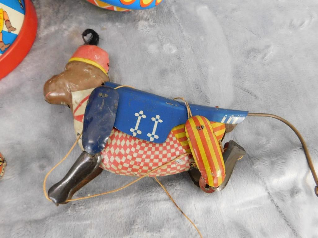 Group of 4 Litho Tin Toys - As Is - Untested - Drum - Hanging Monkey - Top - 4